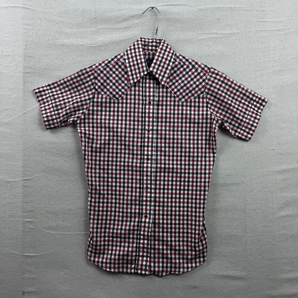 Panhandle Slim Western Shirt Mens XS Red Black Gingham 70s Pearl Snap Vintage